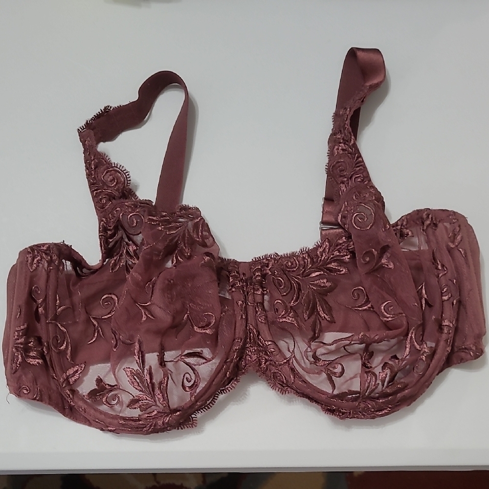 Soma Brownish Maroon/Dark Mauve Lace Embroidered Sheer Underwire Bra size 40DD